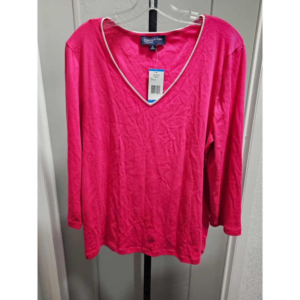 Jones New York NWT Pink V-Neck Top Blouse White Trim 3/4 Sleeve XL 10534734-6XW